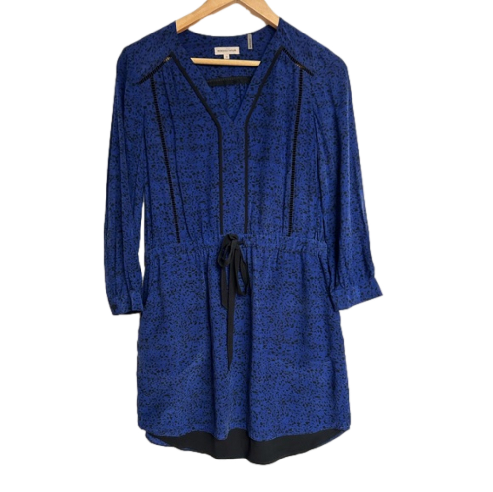 Rebecca Taylor silk Long Sleeve blue black Print Dress with belt
